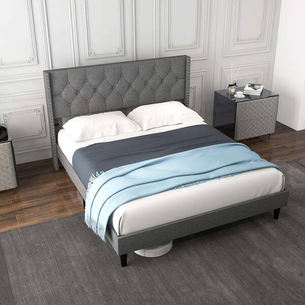 Costway Twin Size Upholstered Bed Frame Button Tufted Headboard Mattress  Foundation Grey