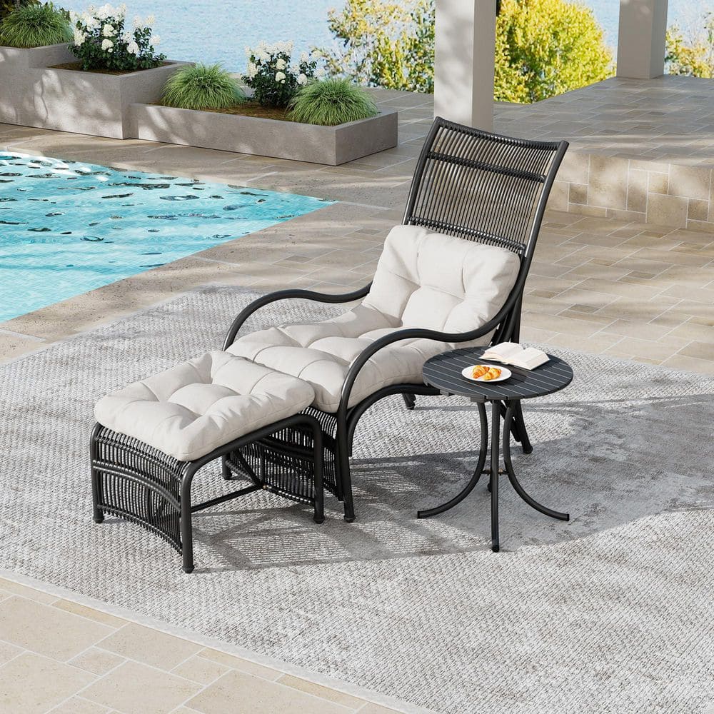 Sawyer 3-Piece Patio Acacia Wood and Steel Outdoor Recliner Chair Set with Beige Cushions, Table, Ottoman, Black