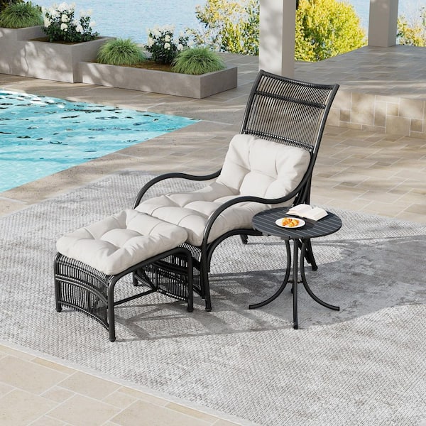 CHRISTOPHER KNIGHT HOME Sawyer 3-Piece Patio Acacia Wood and Steel Outdoor Recliner Chair Set with Beige Cushions, Table, Ottoman, Black