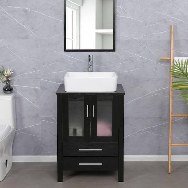 24 in. W x 20 in. D x 32 in. H Single Sink Bath Vanity in Black with White Ceramic Vessel Sink Top Chrome Faucet Set