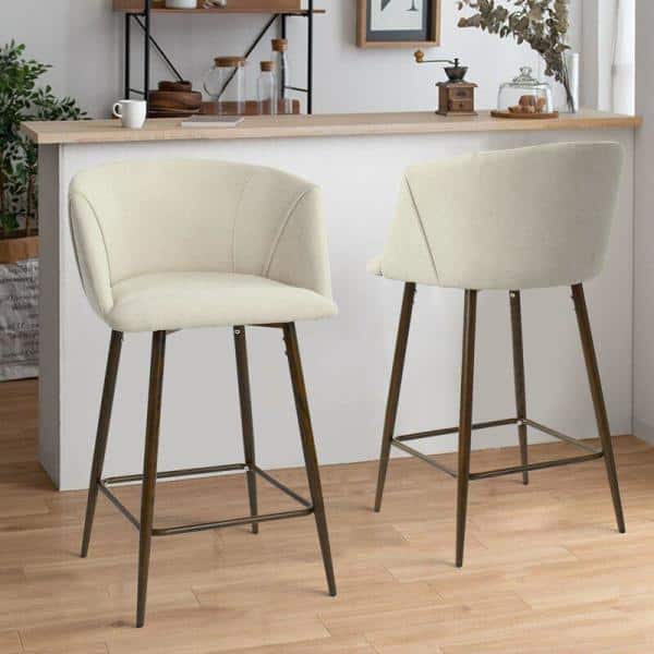 Elevens Beige Wide Barrel Shape High, Metal Swivel Bar Stools With Back And Arms