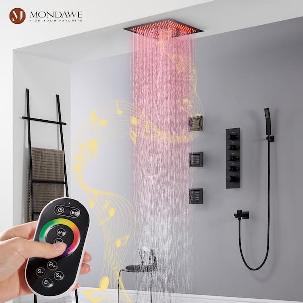 Mondawe Luxury Led And Music 4 Spray Patterns Thermostatic 16 In Ceiling Mount Rain Dual Shower Heads With 3 Jet Matte Black Wf6338sc 16bl The