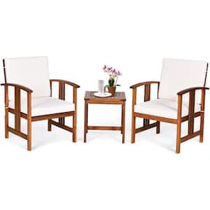 3-Piece Acacia Wood Patio Conversation Set with White Cushions Ergonomic Outdoor Furniture Sets
