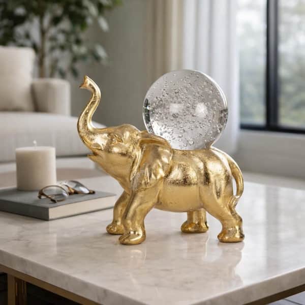Gold 9 in. x 9.25 in. Resin Elephant Figurine with Crystal Ball