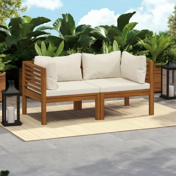 Luna Brown 2-Piece Wood Outdoor Sectional Sofa with Cream Cushions