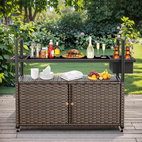 Brown Wicker Outdoor Bar Serving Cart Mobile Food Cart with Black Tempered Glass Top and Lockable Wheels