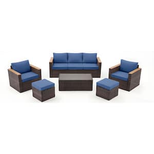Brown 6-Piece Wicker Outdoor Sectional Set, Patio Sofa Set with Ottomans and Blue Cushions for Backyard, Lawn, Outside