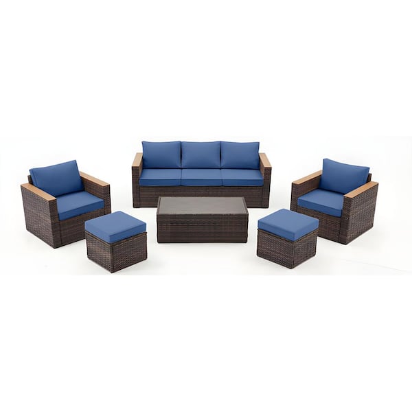 Unbranded Brown 6-Piece Wicker Outdoor Sectional Set, Patio Sofa Set with Ottomans and Blue Cushions for Backyard, Lawn, Outside