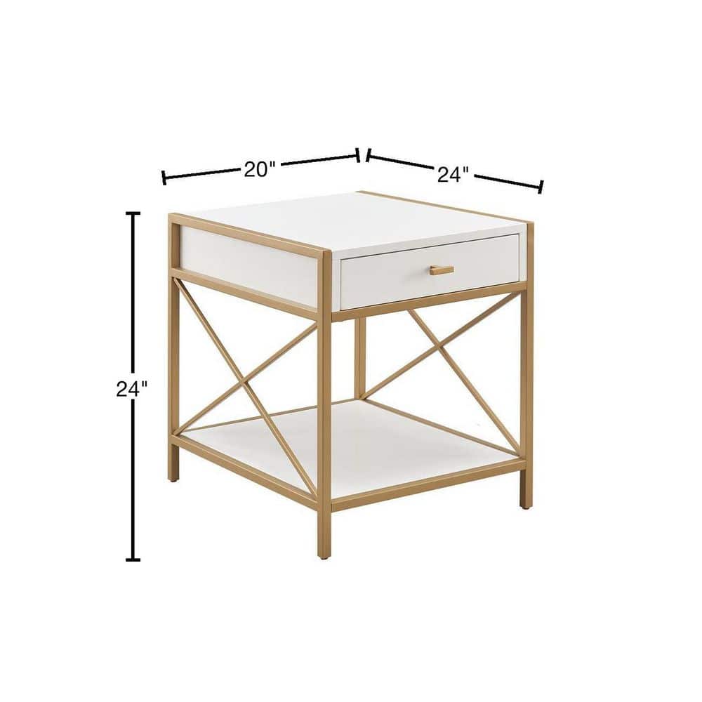 Claudette Gold Metal Frame and White Wood Top End Table with Drawer