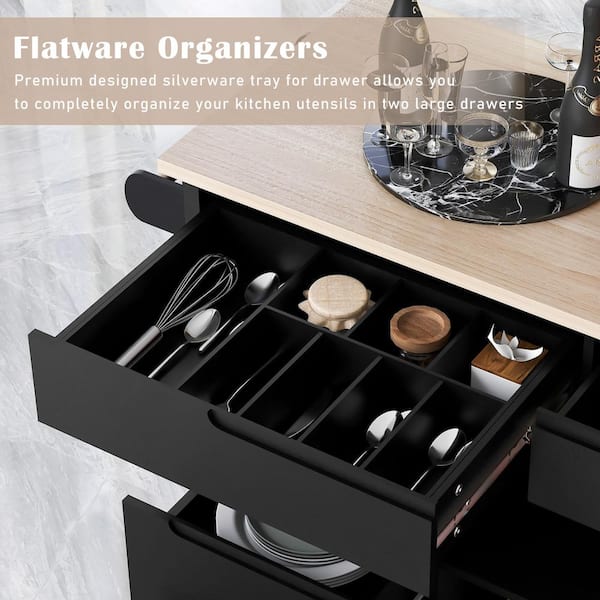 Black Rubberwood Countertop 53.1 in. W Kitchen Island Cart with 8 Hand