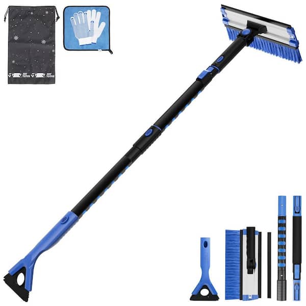 4 in 1 Extendable 47 in. Blue Plastic Blade Ice Scraper and Removal Broom Brush with 270° Foam Grip for Car SUV