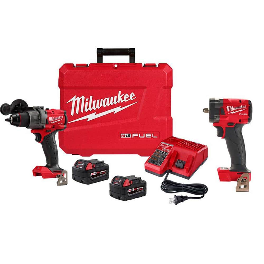 M18 Fuel 18-V Lithium-Ion Brushless Cordless 1/2 in. Hammer Drill Driver Kit with M18 FUEL 3/8 in. Impact Wrench -  Milwaukee, 2904-22-2854