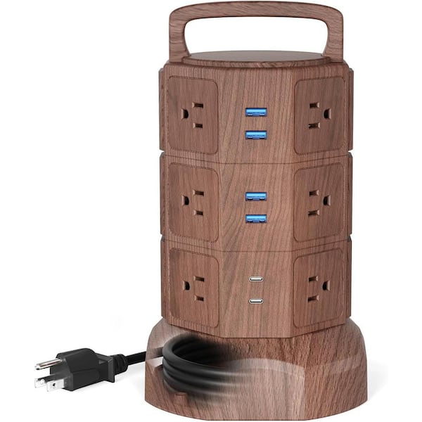 Yichuhaoxi Power Strip Tower Surge Protector 6.5 ft. Extension Cord 12 Outlets 6 USB Cord with Multiple Outlet in Walnut and Black