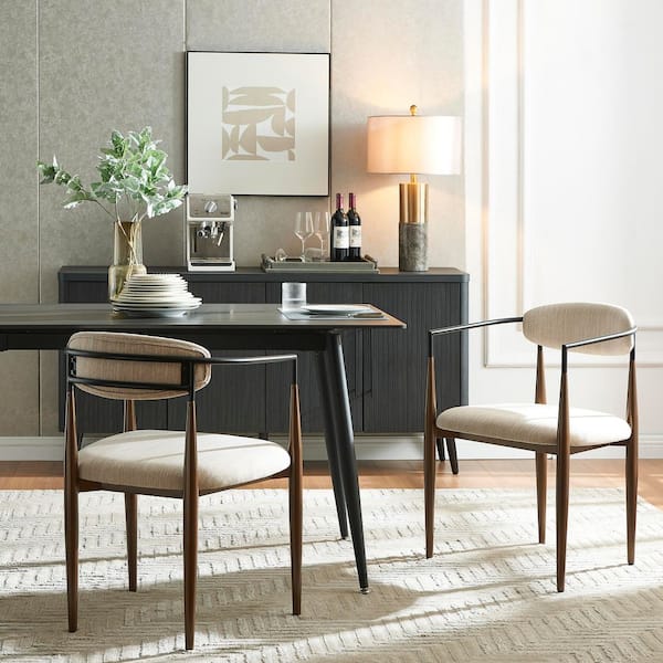 Open Back Black and Brown and Beige Polyester Upholstered Iron Frame Arm Chair Dining Chair (Set of 2)