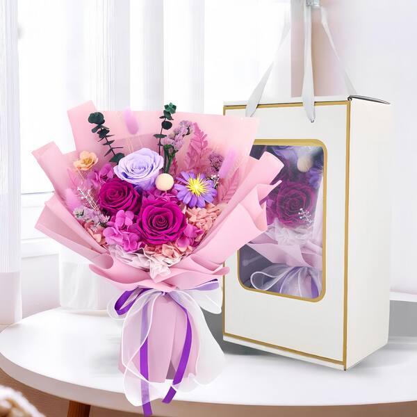 Dracelo 13.4-Inch Purple Artificial Preserved Rose Bouquet