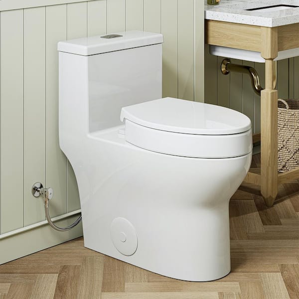 Lockable Elevated Soft-Close Toilet Seat with Lid and 1-piece Dual Flush Toilet Combo with ADA Height, Map Flush 1000 g