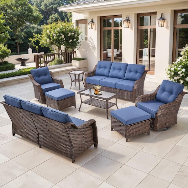 8-Piece Contemporary Brown Wicker Outdoor Swivel Rocking Chair Set with CushionGuard Blue Cushions