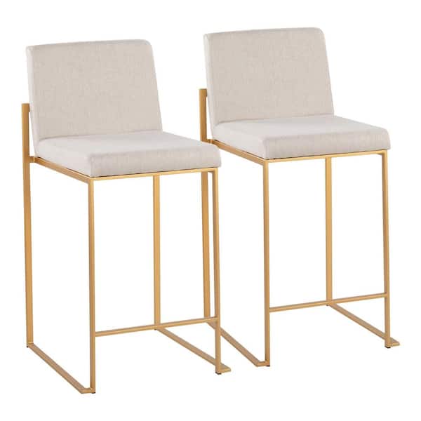 Lumisource Fuji 35.5 in. Beige Fabric and Gold Steel High Back Counter Height Bar Stool (Set of 2)