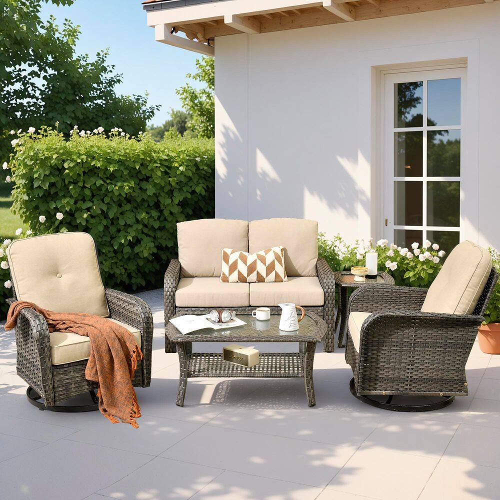 Meis Gray 5-Piece Wicker Patio Conversation Set with Beige Cushions and Swivel Chairs price history on PriceWatchPro