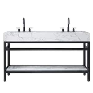 Ecija 60 in.W x 22 in.D x 33.9 in.H Double Sink Bath Vanity in Matte Black with White Stone Top
