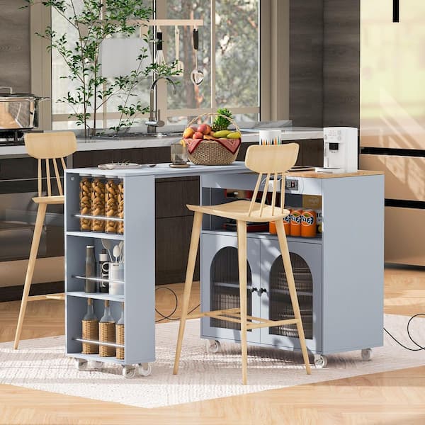 Harper & Bright Designs Rolling Gray Blue Kitchen Cart with Extended Tabletop, 2-Fluted Glass Doors, LED Lights, Power Outlets, 8-Wheels