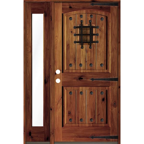 Krosswood Doors 56 in. x 80 in. Mediterranean Knotty Alder Right-Hand/Inswing Clear Glass Red Chestnut Stain Wood Prehung Front Door