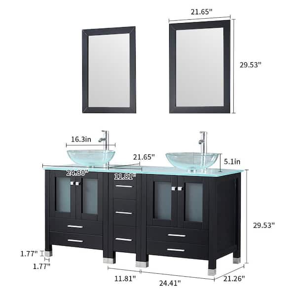 Wonline 60 in. W Double Tempered Glass Sinks Freestanding Black Bath Vanity with Green Tempered Glass Top