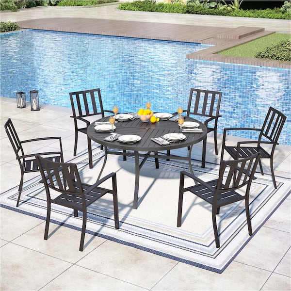 PHI VILLA Modern 7-Piece Metal Round Outdoor Dining Set with Stackable Dining Chairs