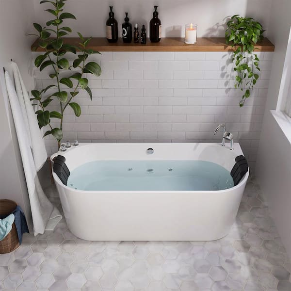 67 in. Center Drain Acrylic Freestanding Flatbottom Whirlpool Bathtub in White with Faucet - Water Jets
