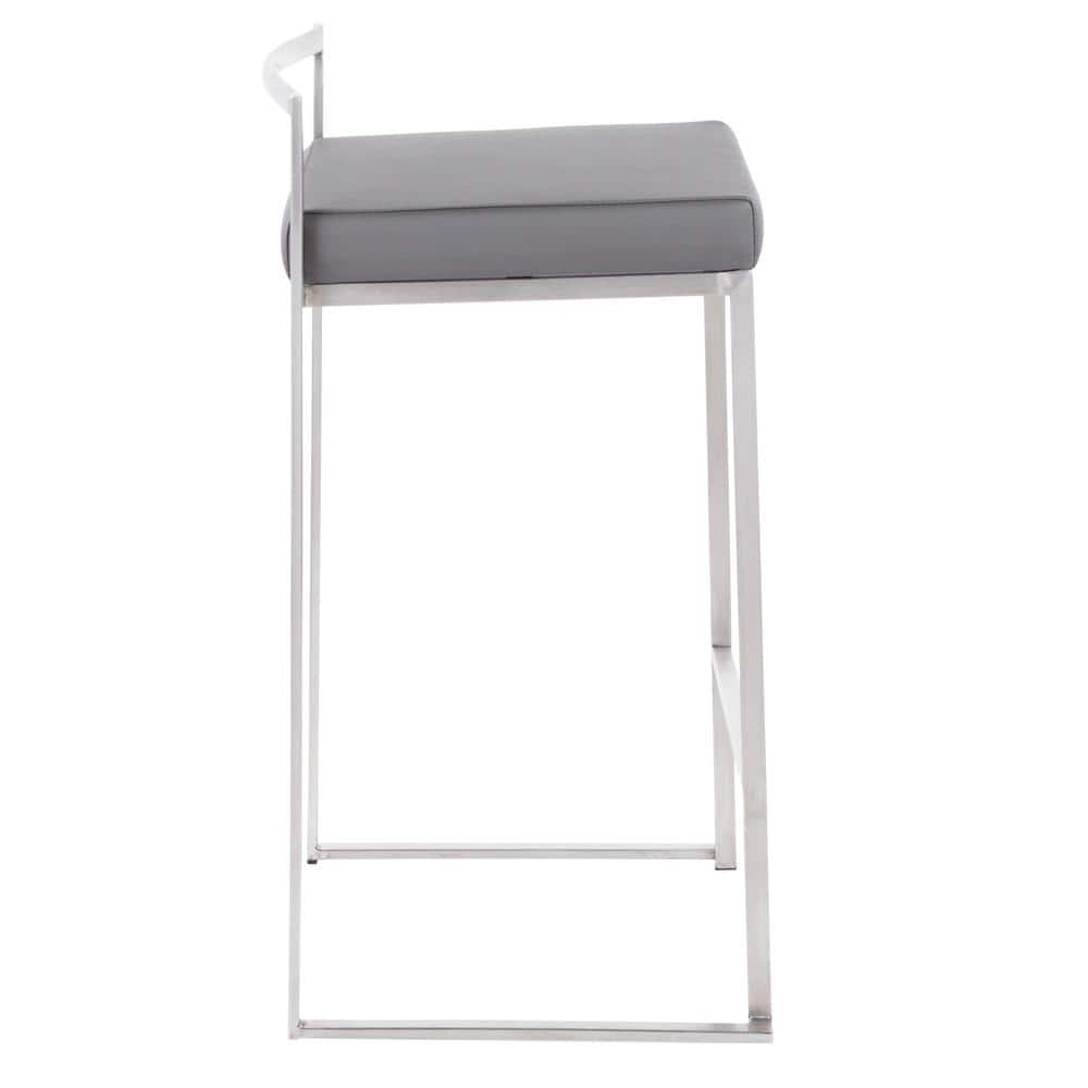 Modern Stainless Steel Counter Stools with Grey Faux Leather Cushion - Set of 2