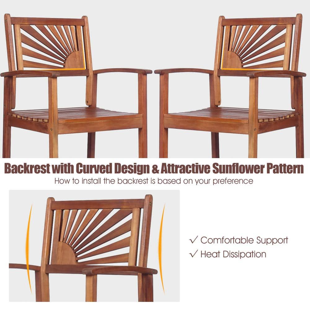 Acacia Wood High-Back Brown Outdoor Bar Stools with Armrests - Set of 2
