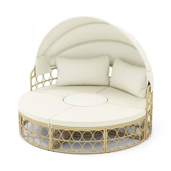 ANGELES HOME Outdoor Patio Round White Wicker Outdoor Day Bed with Retractable Canopy and Soft Cushions