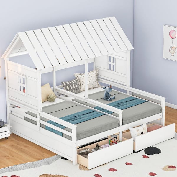 Polibi White Wood Frame Twin Size Platform Bed with Two Drawers for Boy and Girl Shared Beds