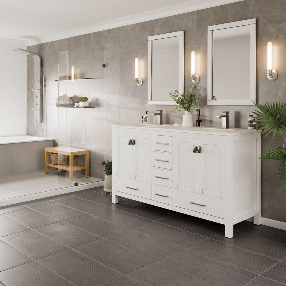 London Double Sink White Bathroom Vanity with Carrara Quartz Countertop