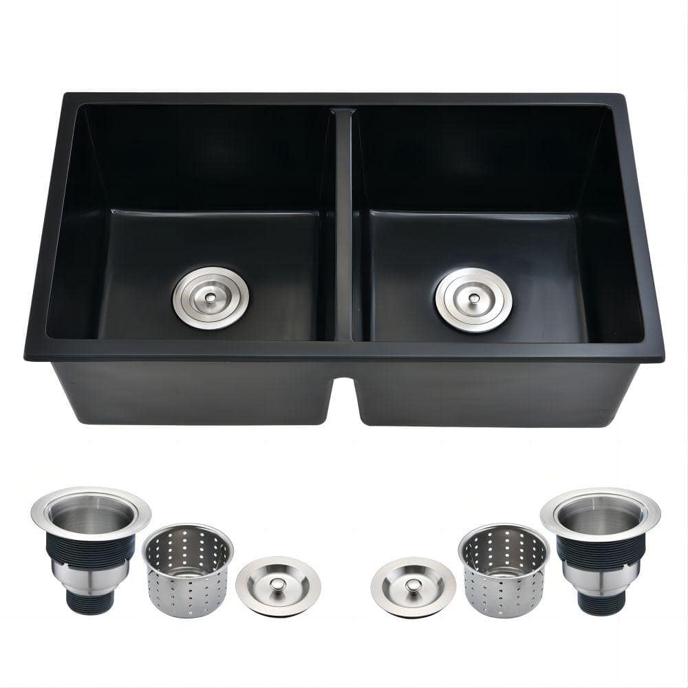 32 in. Undermount Double Bowl Black Quartz Kitchen Sink without Faucet