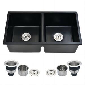 32 in. Undermount Double Bowl Black Quartz Kitchen Sink without Faucet