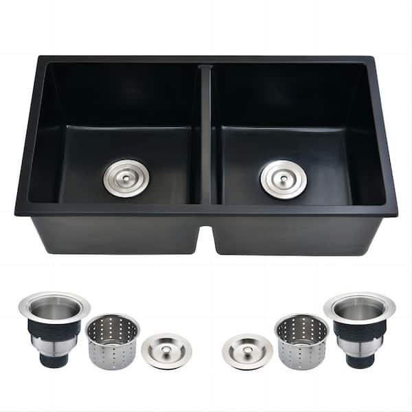 EPOWP 32 in. Undermount Double Bowl Black Quartz Kitchen Sink without Faucet