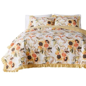 3-Piece Gold Solid Queen Size Cotton Quilt Set