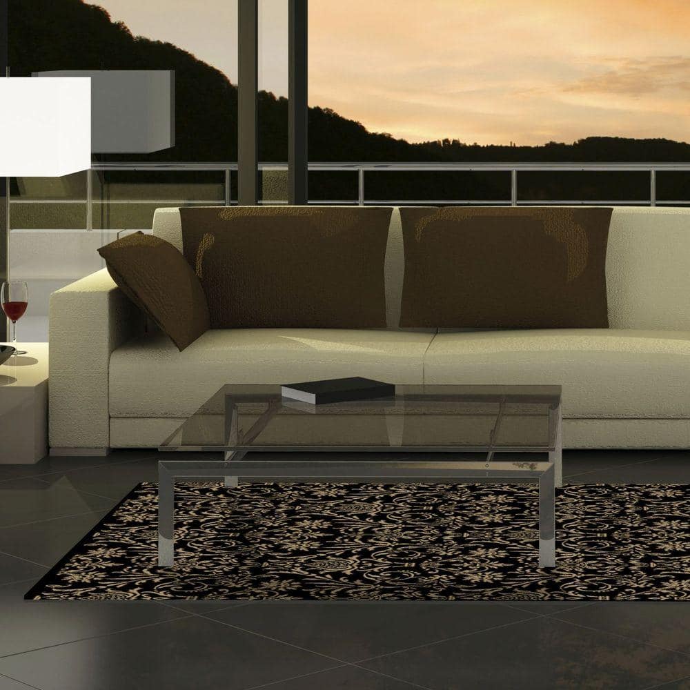 Black and Beige Synthetic Stain-resistant Rectangle Area Rug
