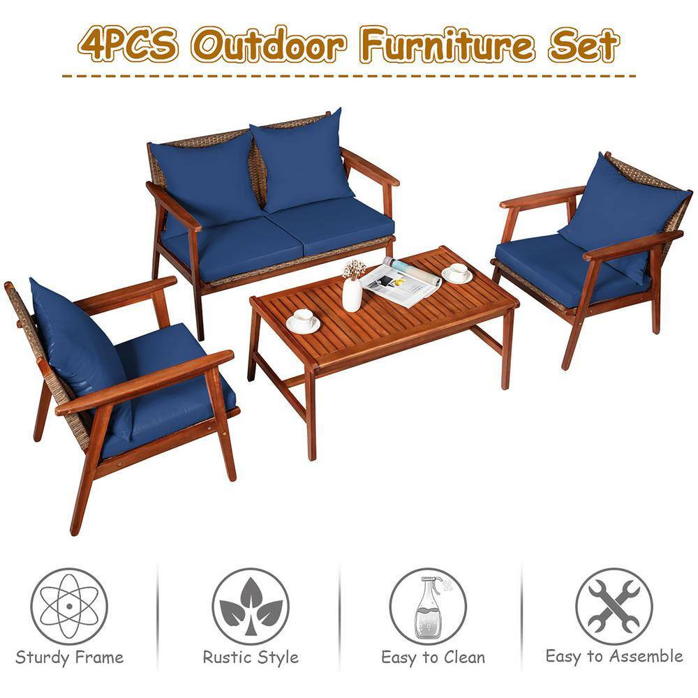 Navy Acacia Wood and Rattan 4-Piece Outdoor Patio Set