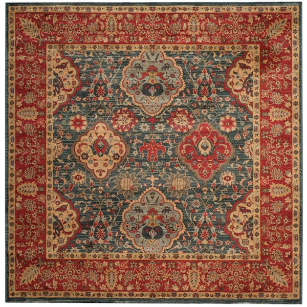 Mahal 9 ft. x 9 ft. Square Navy/Red Floral Border Area Rug