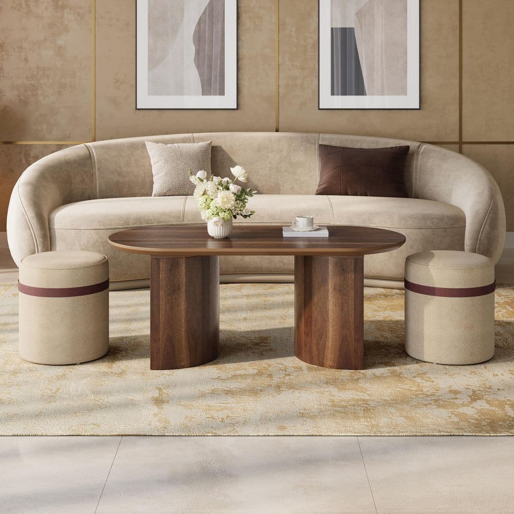 Modern 42.7 in. Brown Oval MDF Wood Coffee Table Set with Beige Fabric Upholstered Stool price history on PriceWatchPro
