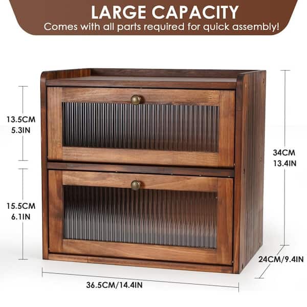 2 Layer Wooden Bread Box and Storage Container for Kitchen Countertop, Pantry Shelf and Food Organization Brown (1-Pack)
