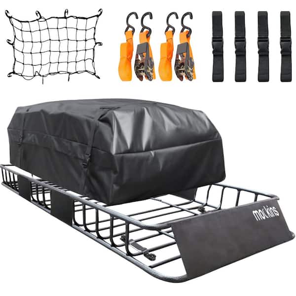 The Steel Luggage Rack is 57 Long X 37.7 Wide X 4.3 Tall with A Hauling Weight of 200 Lbs Mockins Roof Rack Rooftop Cargo Carrier with Cargo Net and Ratchet Straps 