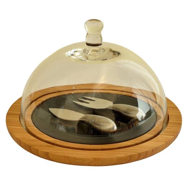 Unbranded Bamboo/Slate Cheese Dome with Hand-Blown Glass Lid