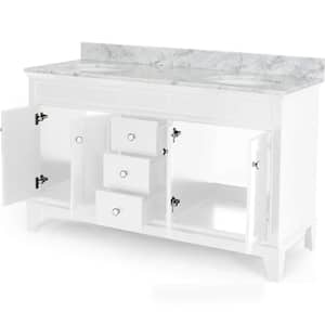 61 in. W x 22 in. D x 40 in. H Double Sink Freestanding Bath Vanity in White with White Marble Top and Storage Cabinet