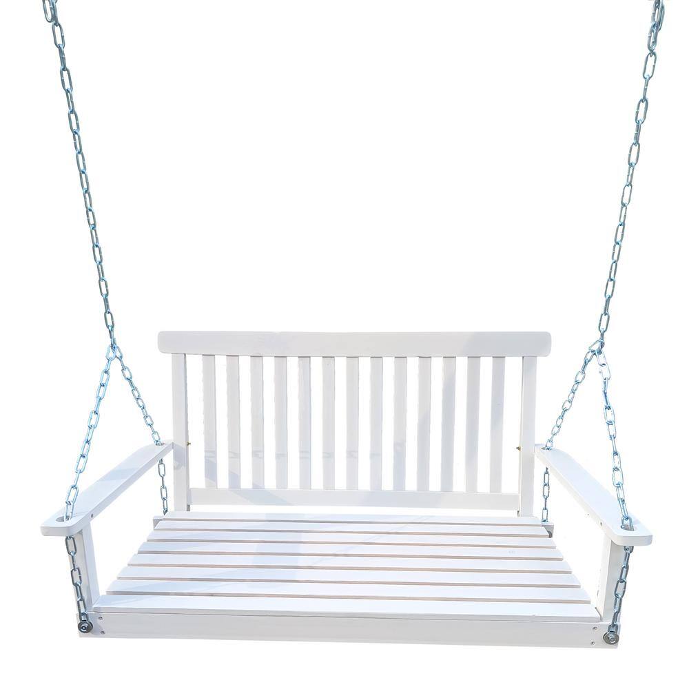 2-Person White Wood Porch Swing with Armrests