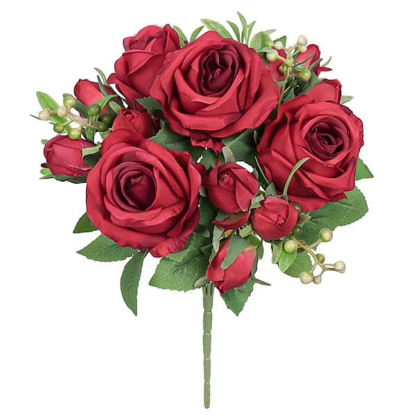14 in. Red Artificial Delicate Sweet Rose Flower Stem Bush Bouquet (Set of 2)