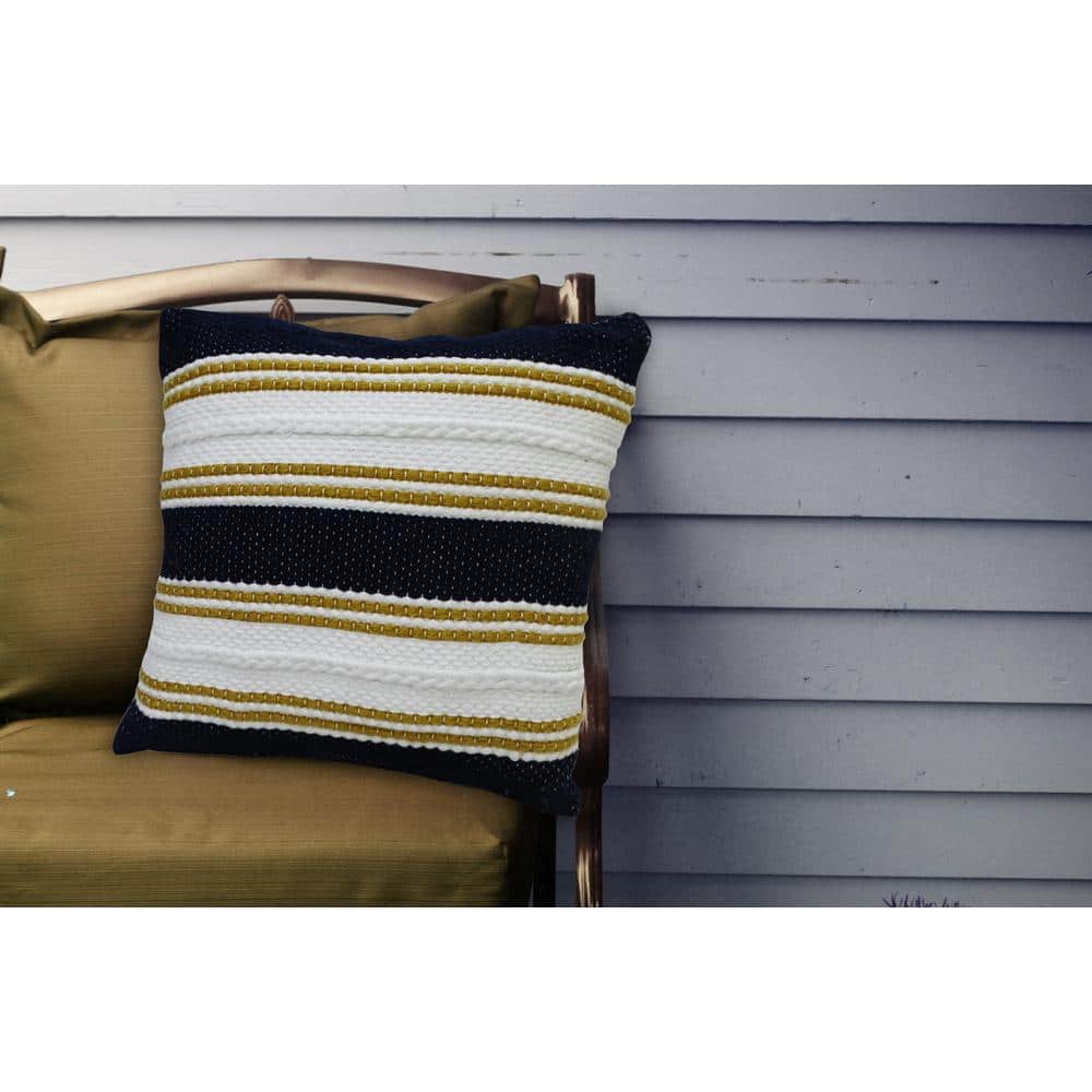 Navy and White Embroidered Square Indoor Outdoor Pillow