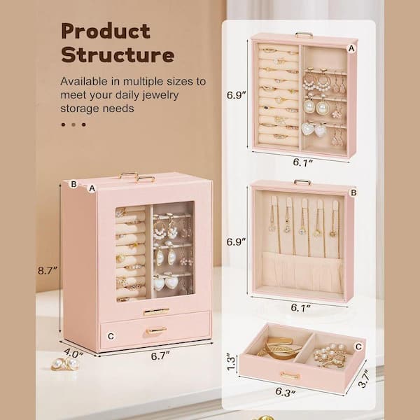 Peach Pink 7 in. x 9 in. Polyurethane Modern Jewelry Box with 3